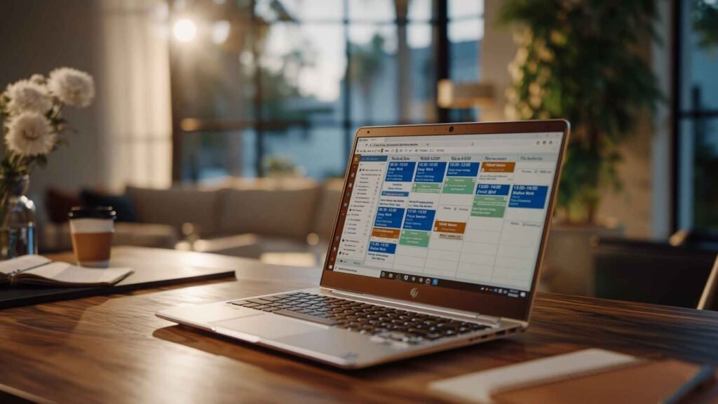 time blocking example day schedule shown on laptop with structured time blocks
