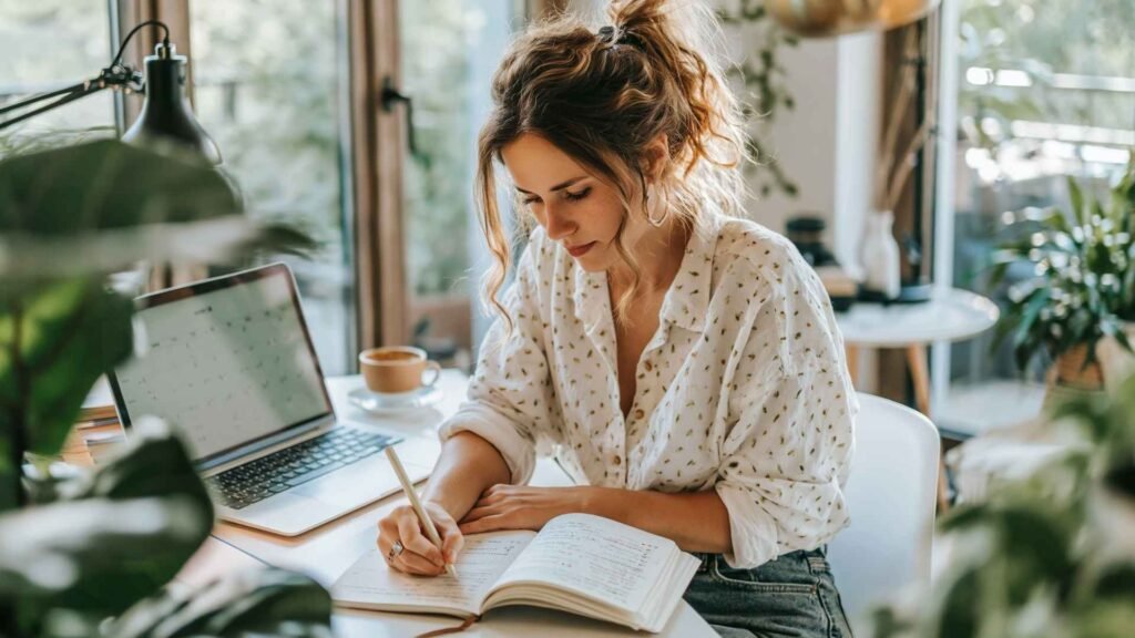 Woman writing a daily schedule using time blocking method with notebook and laptop