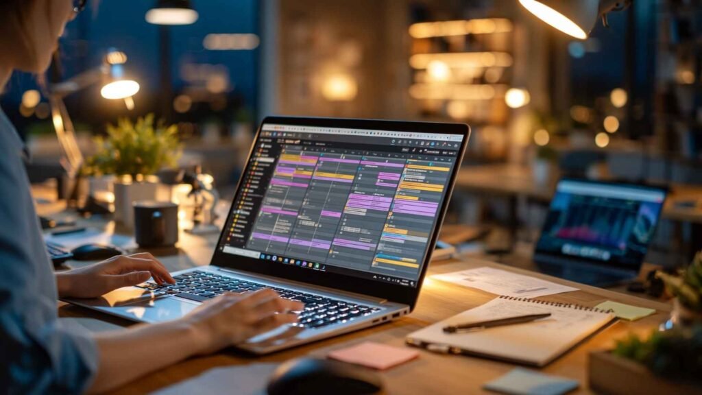 time blocking tools on laptop in a modern workspace with structured calendar schedule