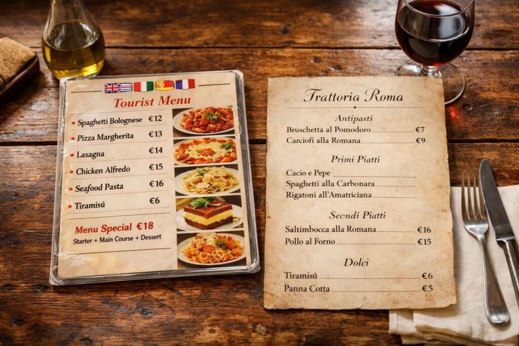 Tourist menu vs real Roman menu in Rome showing photo-heavy multilingual menu compared to simple authentic Italian trattoria menu