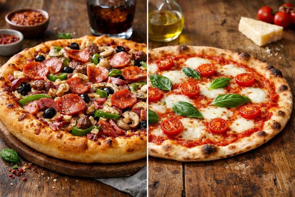 tourist pizza vs real roman pizza comparison showing overloaded toppings versus simple thin crispy Roman pizza