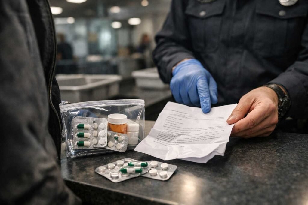airport security officer checking travel medication with prescription document and pill bag