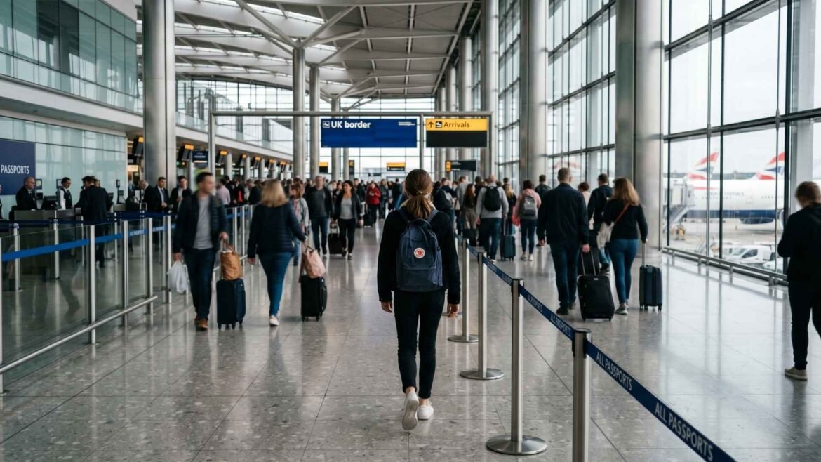 UK Airport Arrival Guide - Traveler walking toward UK passport control area at a busy airport terminal with arrivals signs and passengers
