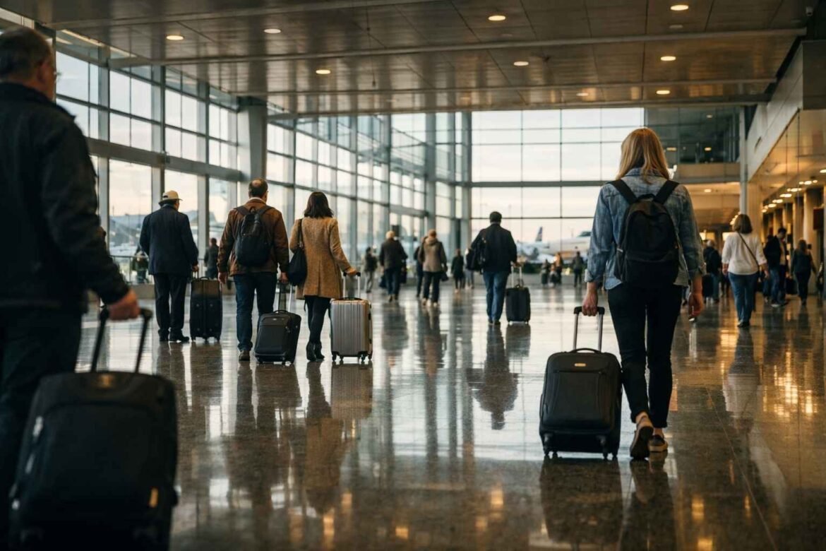 UK airport arrival hall with travelers walking toward exit after landing
