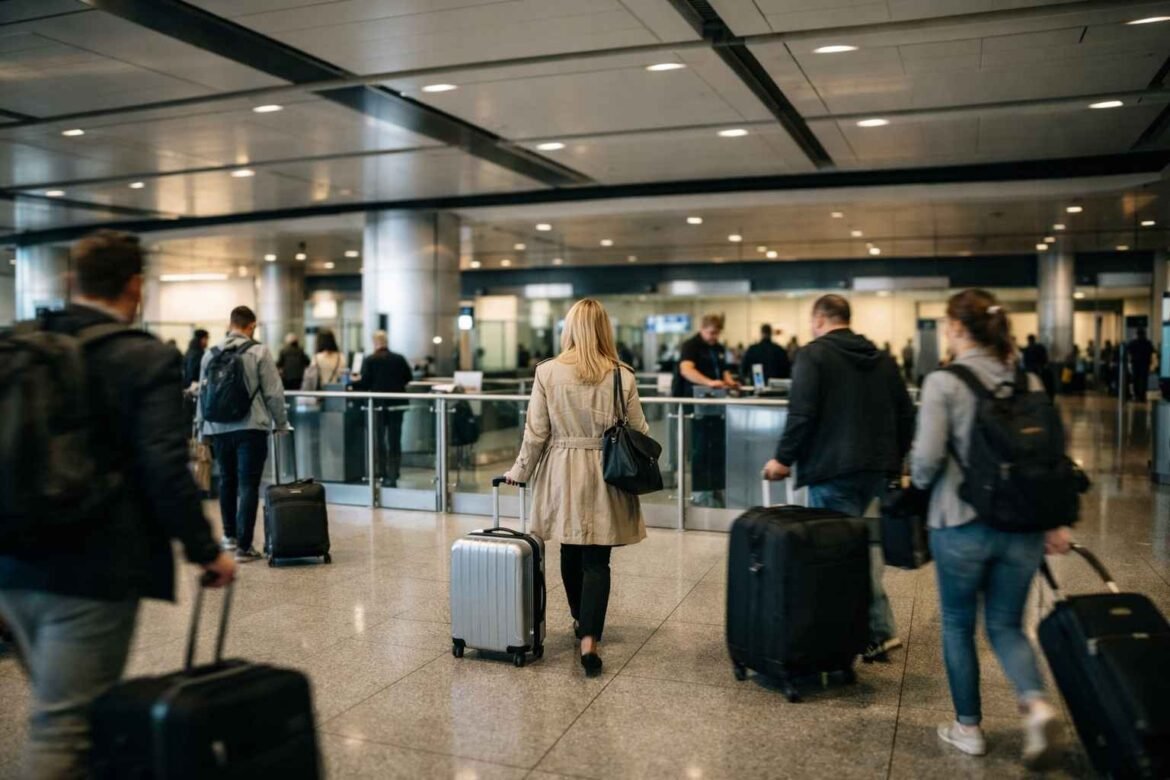 uk customs rules at airport arrival with travelers walking through customs area