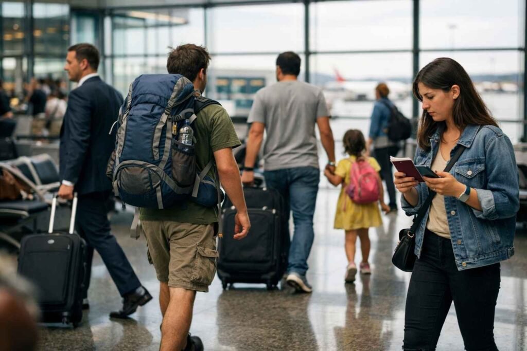 Different types of travelers at a UK airport including business traveler, backpacker and family moving through terminal