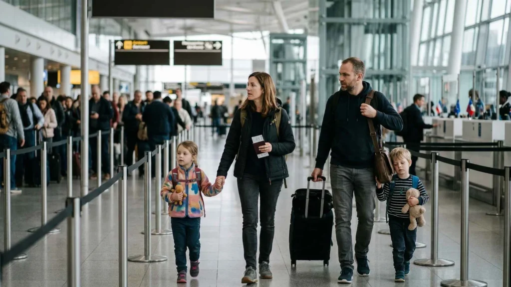 family with children waiting in long queue at UK airport passport control during arrival