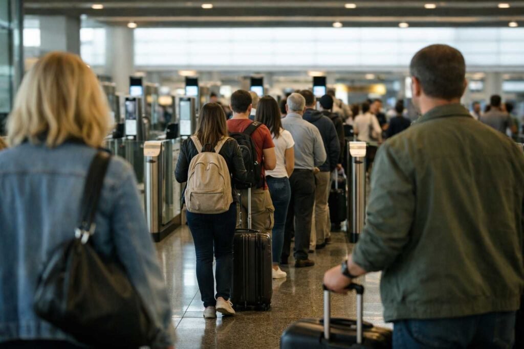 UK airport passport control queue with travelers waiting in line at eGates in 2026
