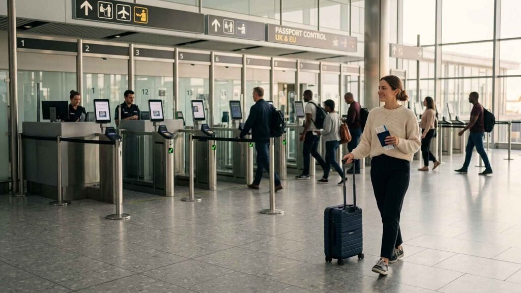 UK airport queues during golden hours with smooth passenger flow at passport control