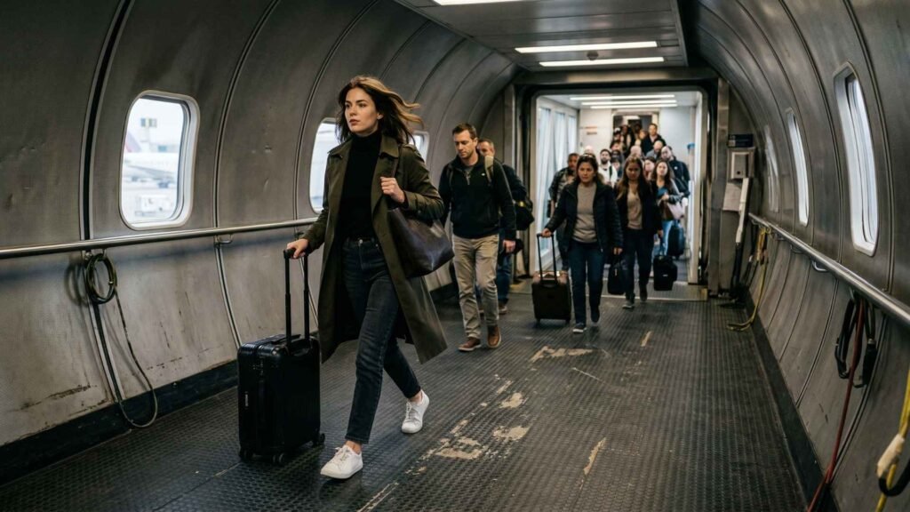 UK airport queues begin as passengers exit the aircraft through a jet bridge with one traveler moving ahead of others