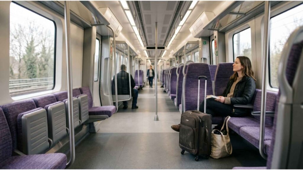 UK airport to city transport train interior with passenger and luggage