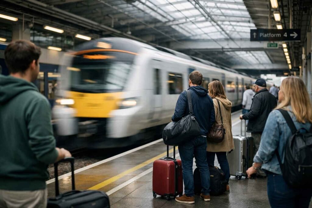 UK airport to city transport from Gatwick Airport showing travelers waiting for train with luggage