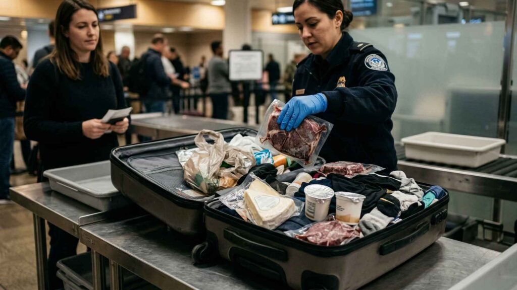 customs officer inspecting suitcase with meat and dairy products at uk airport