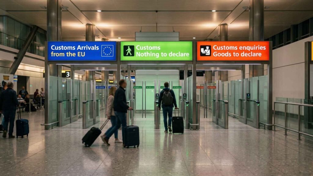 uk customs rules green and red channel signs at airport arrivals with travelers