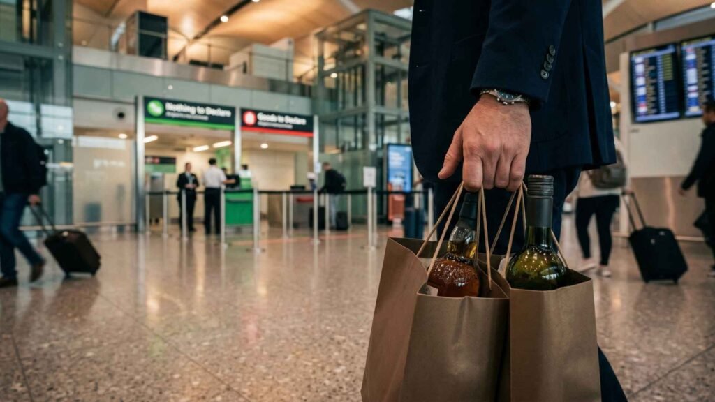 traveler holding duty free alcohol approaching uk customs declare or nothing to declare
