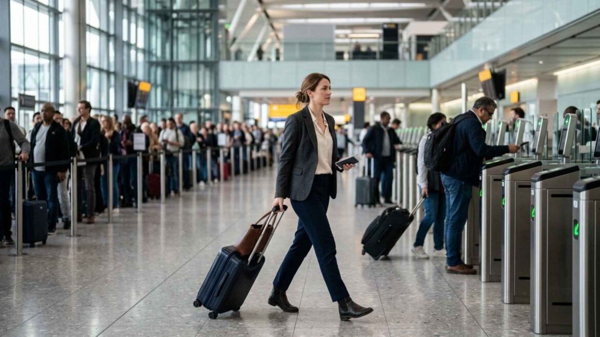 UK eGates 2026 business traveler walking to automated passport control while long queue visible in UK airport arrival hall