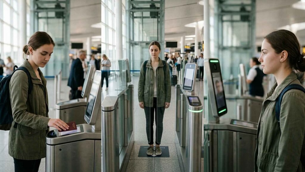 UK eGates 2026 step by step process showing traveler scanning passport and completing facial recognition at airport eGate