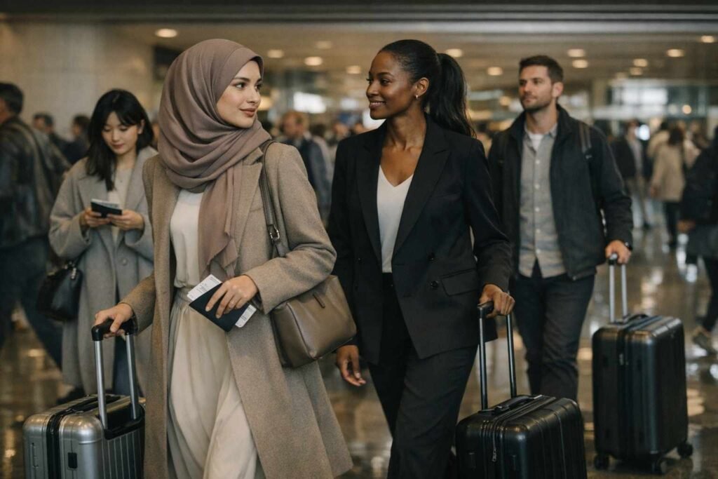 UK eGates eligible travelers walking through a busy airport with luggage and passports in 2026