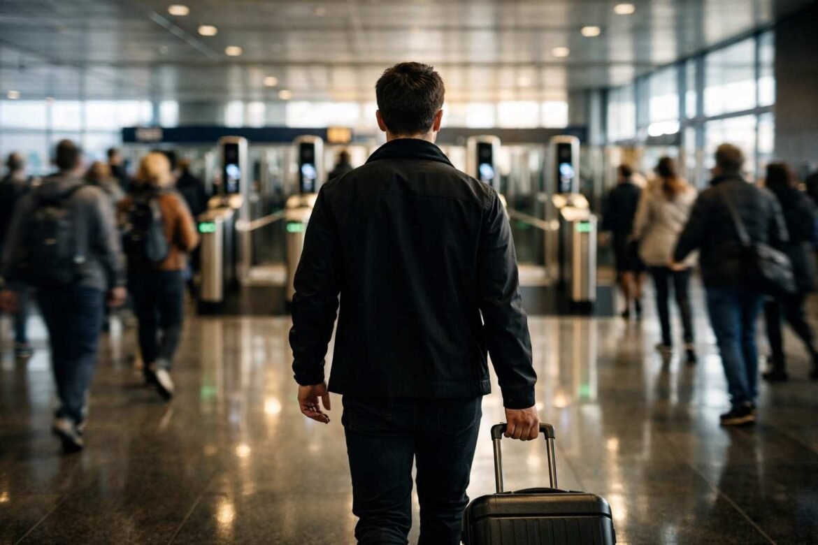 UK eGates fast passport control with a traveler walking toward automated airport border gates without queues