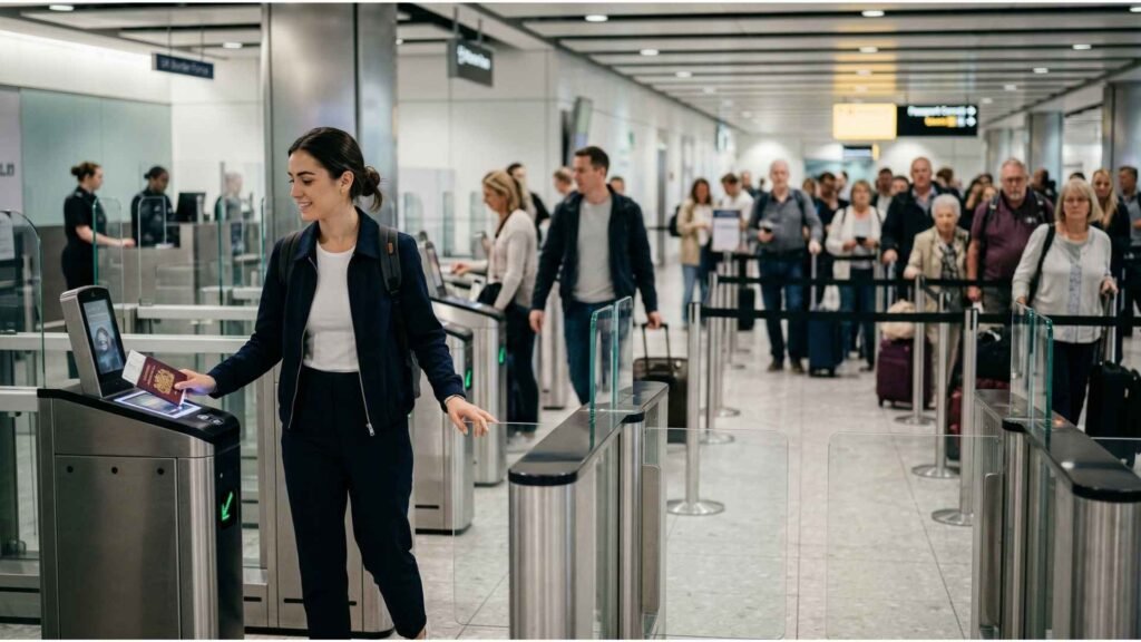 UK eGates fast passport control traveler using eGate while passengers wait in queue behind
