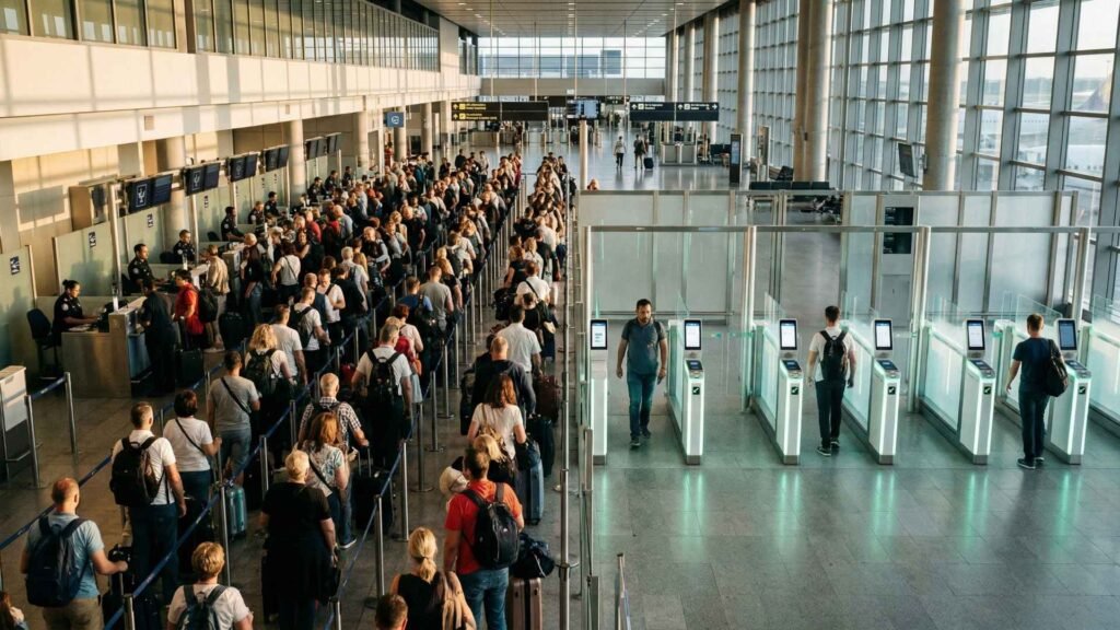UK eGates vs passport control queue showing fast empty eGate lanes and crowded manual immigration lines at airport