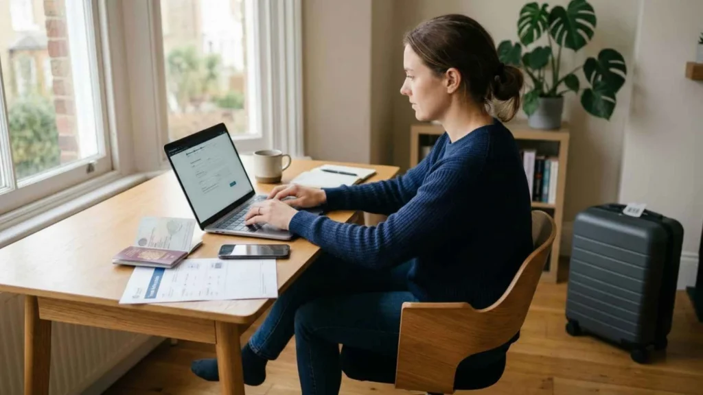 Applying for UK ETA online on laptop with passport and travel documents