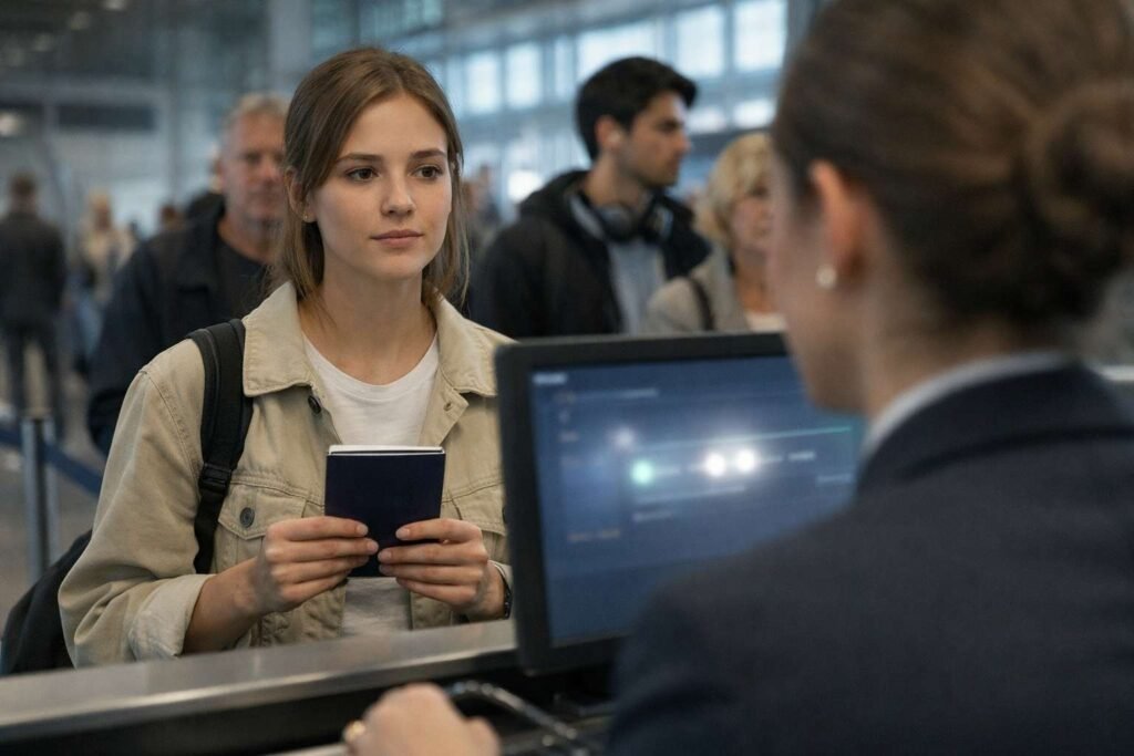 UK ETA check at airport boarding where passenger passport is verified before travel approval