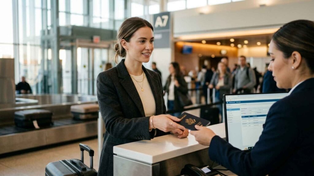 UK ETA check airline staff verifying passenger passport at airport check-in counter before boarding flight