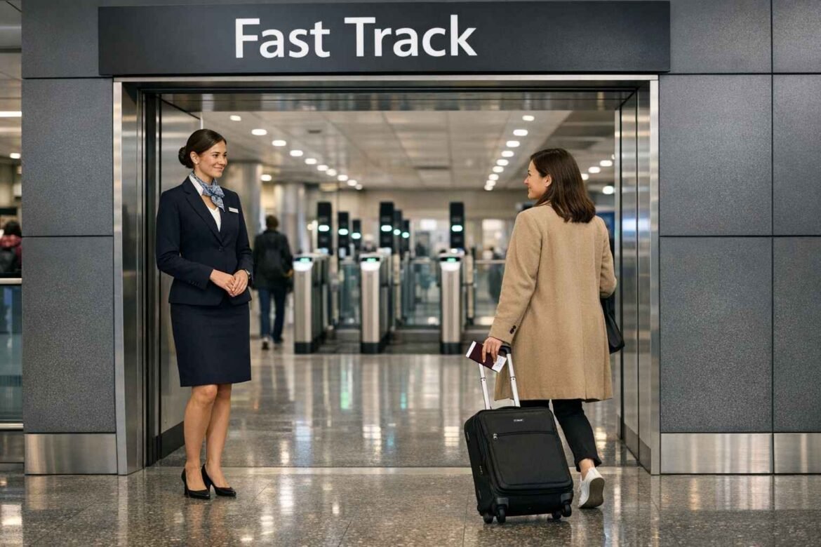 UK Fast Track Worth It – airport Fast Track entrance with staff welcoming passenger near eGates at UK passport control