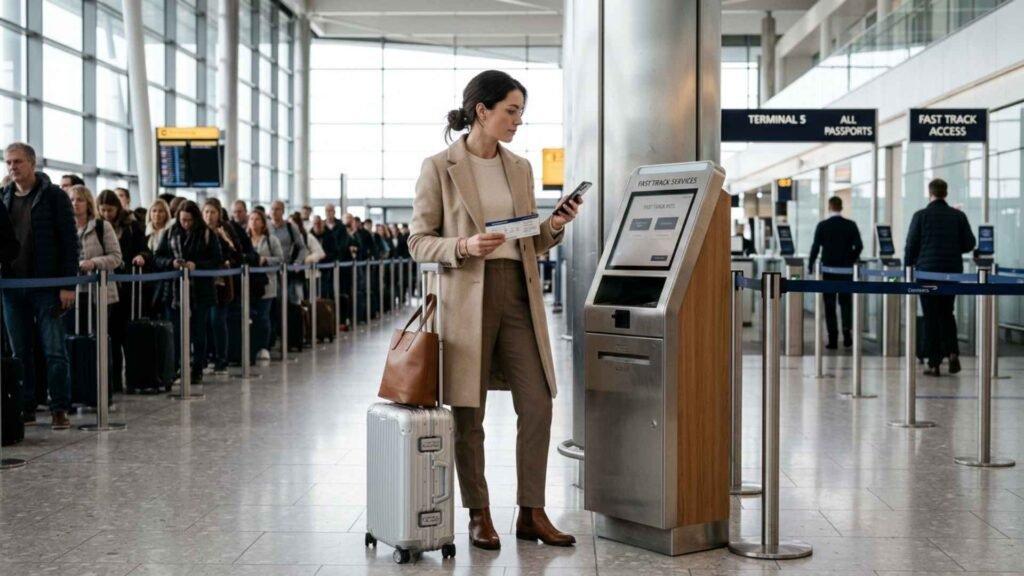 UK Fast Track cost 2026 decision at airport kiosk with traveler comparing queue and priority access