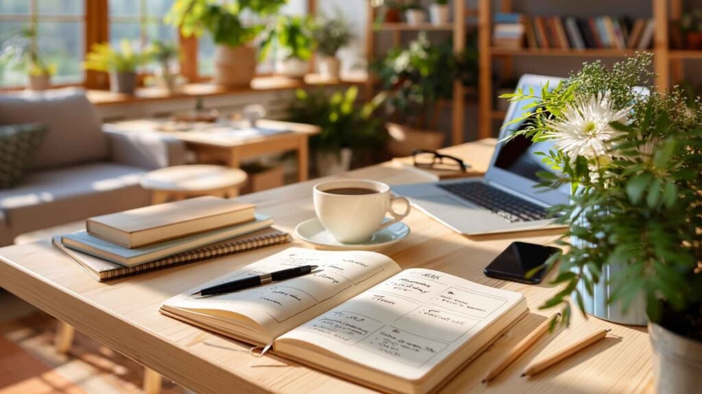 weekly planner on desk showing themed days for productivity and time blocking
