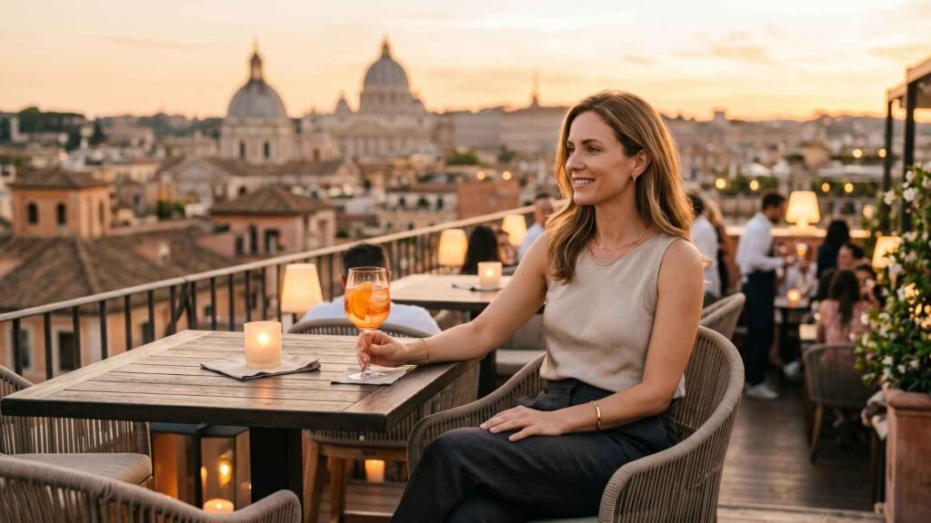 woman enjoying aperitivo on a rooftop bar with city skyline at sunset