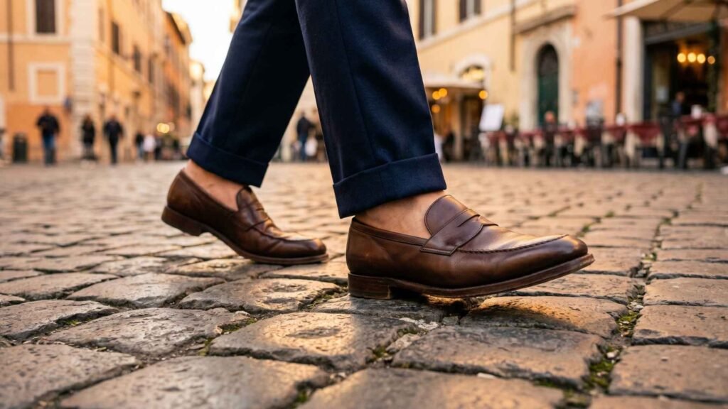 stylish leather loafers walking on cobblestone streets in warm golden light