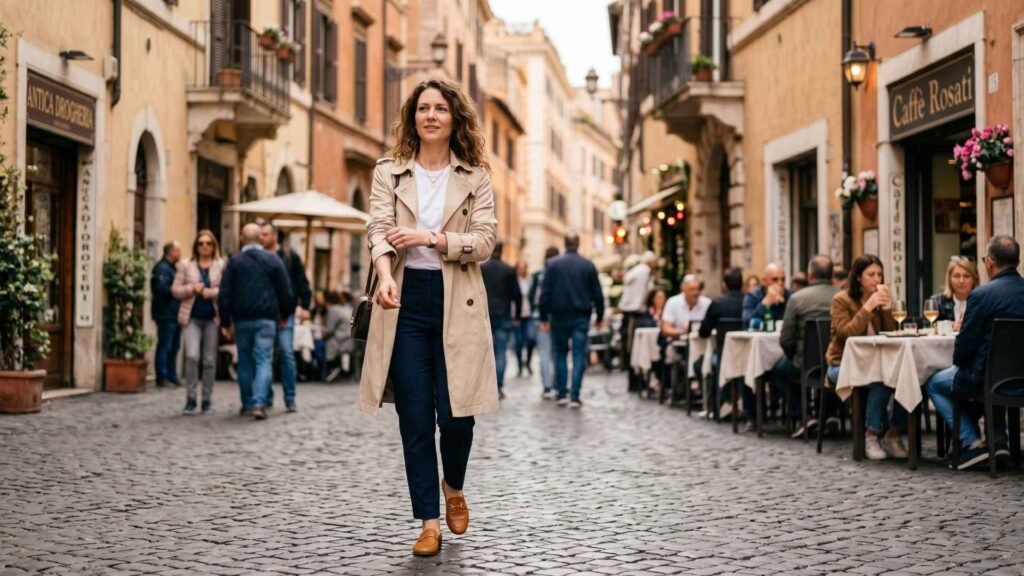 what to wear in Rome spring and fall: woman wearing a light trench coat walking on a cobblestone street