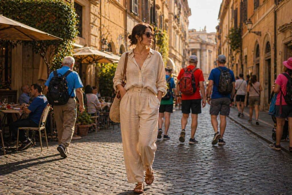 woman in a neutral linen outfit walking confidently while tourists in casual outfits stand out in the background