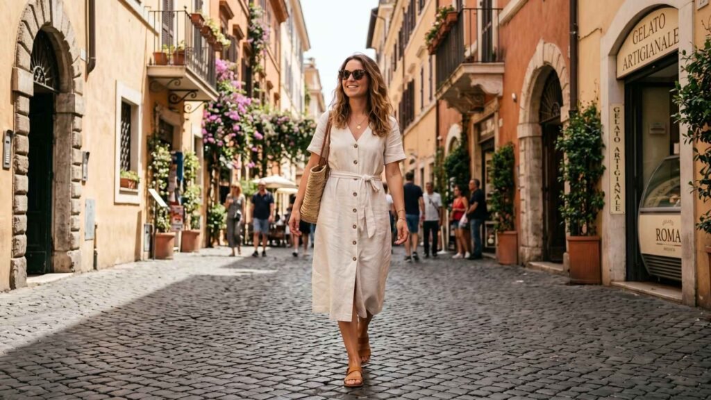 woman wearing a lightweight linen dress walking on a cobblestone street