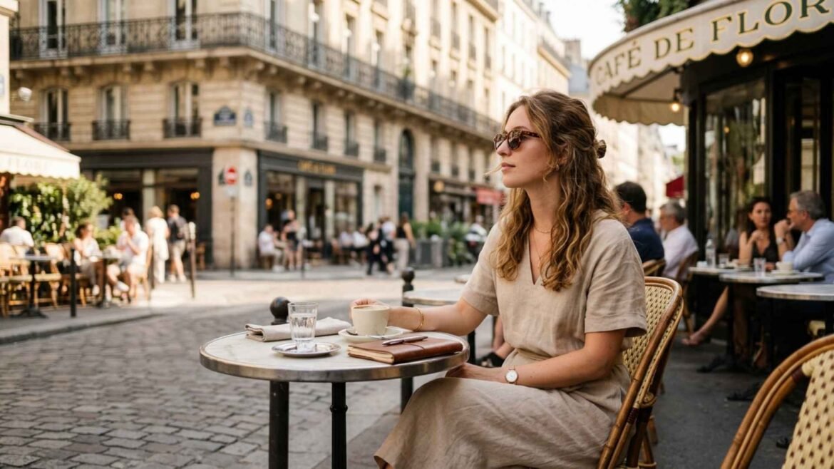 what to wear in Paris in summer neutral linen dress café outfit Paris street style