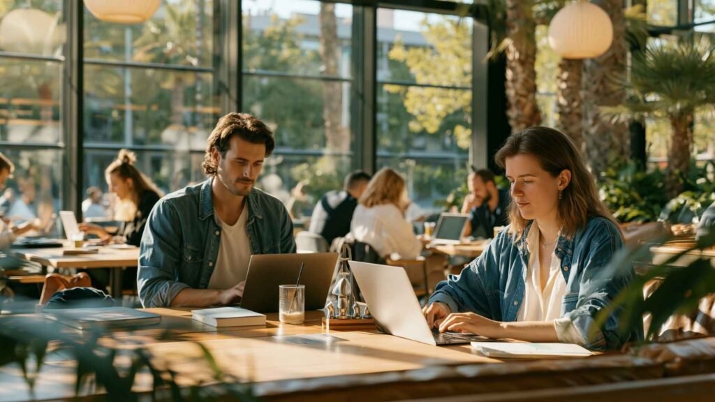 Remote workers using laptops in a modern coworking café space in Barcelona with natural sunlight