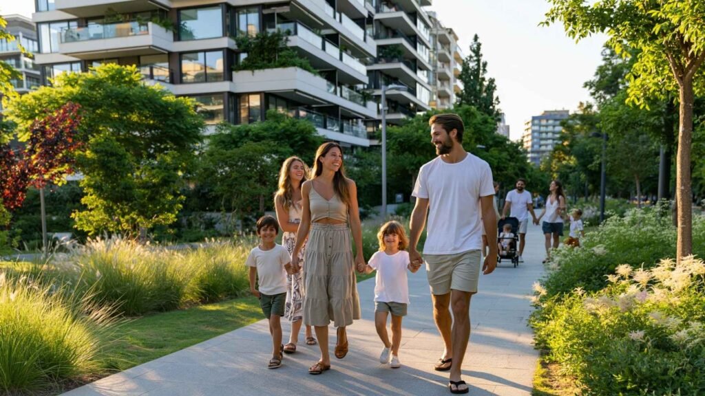 Family walking through a modern residential neighborhood park in Barcelona during golden hour