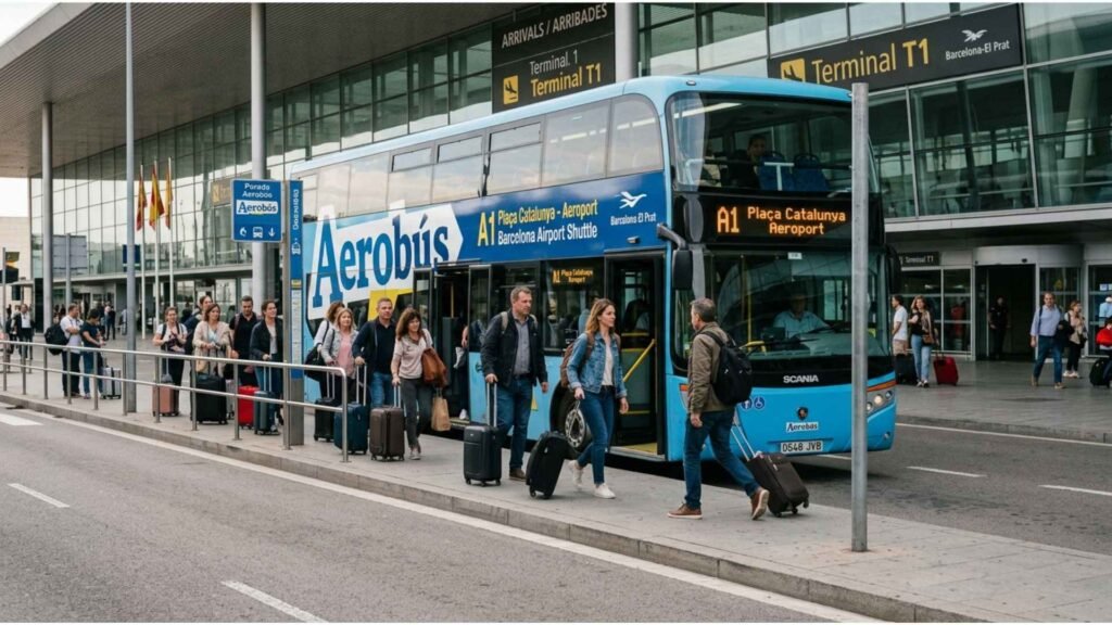 Aerobús shuttle during a Barcelona airport transfer outside Terminal 1 at BCN Airport