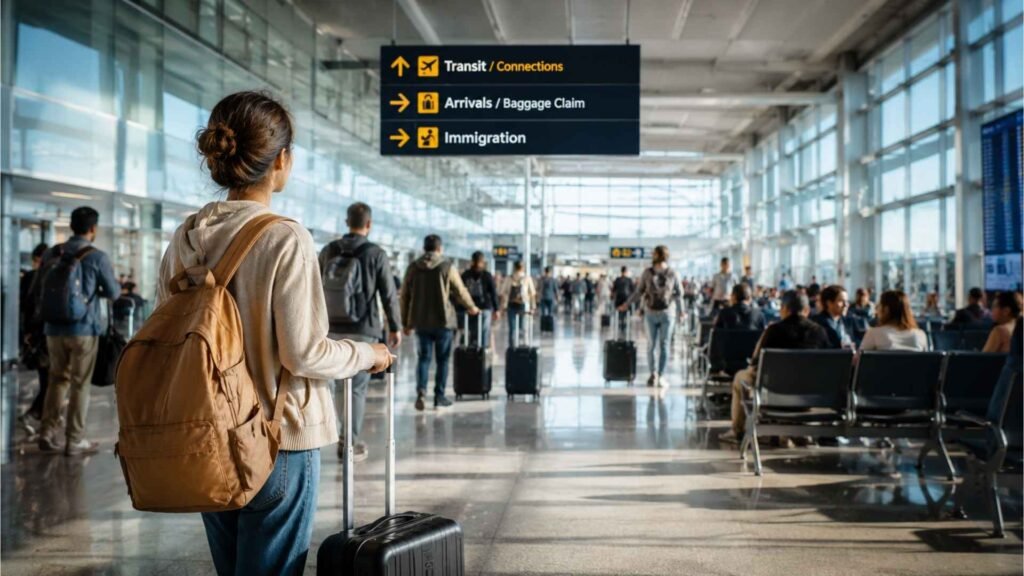Traveler inside an international airport terminal near transit connections immigration and baggage claim signs