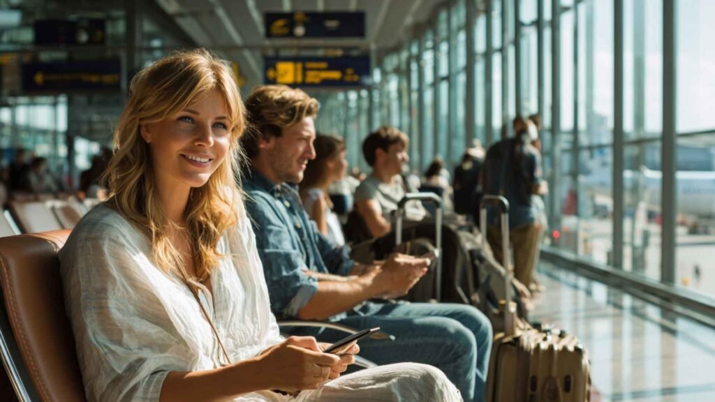 Travelers waiting near an international airport transit gate before a connecting flight