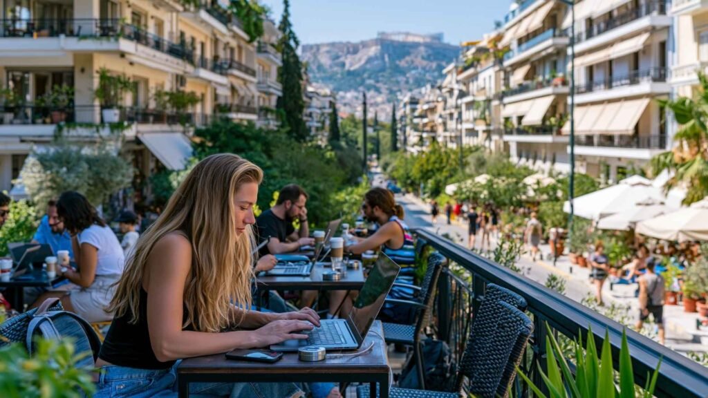 Digital nomad working from a café in Athens with laptop, residential streets, and everyday remote work lifestyle