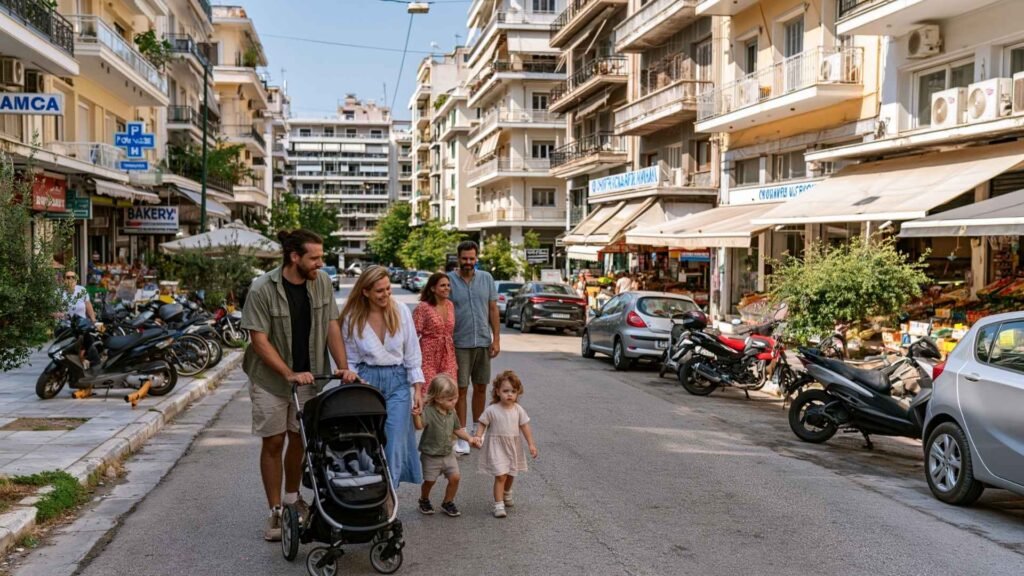 Cost of living in Athens for couples and families shown through everyday life in a residential neighborhood with apartments, local shops, and family-friendly streets