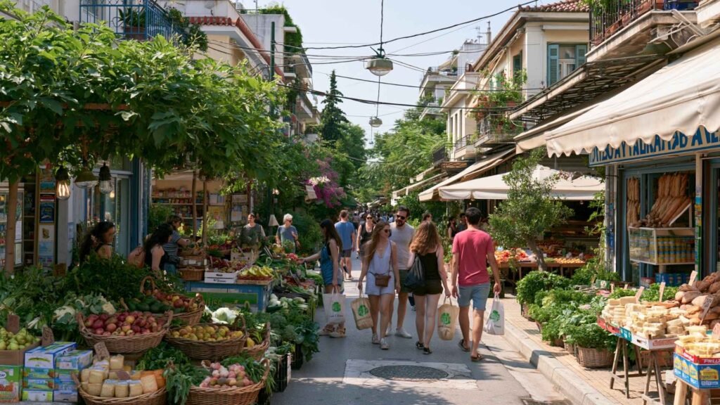 Local market in Athens showing fresh produce, grocery shopping, neighborhood food stalls, and everyday market life