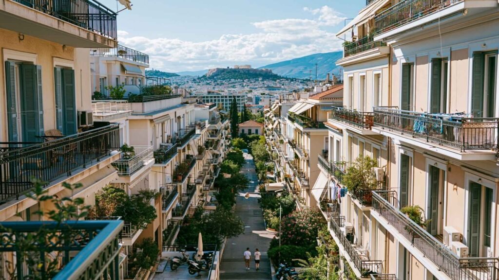 Athens rent prices residential apartment buildings showing balconies, mixed housing styles, and everyday neighborhood life in Athens