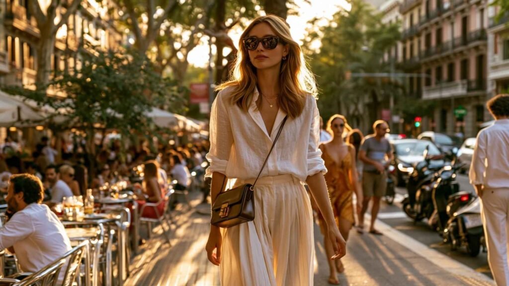 Woman wearing elegant neutral summer fashion walking through a lively Barcelona street at sunset