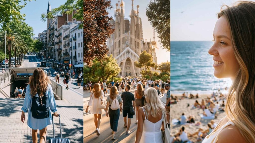 Barcelona 3 day itinerary showing airport arrival, Sagrada Familia and Barceloneta beach with travelers exploring the city