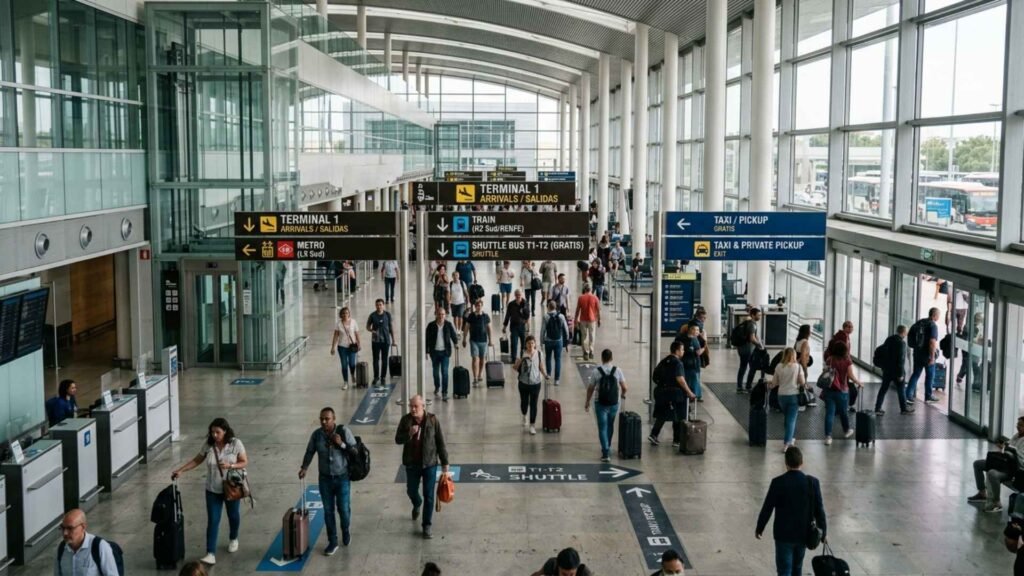 Travelers inside Barcelona Airport following metro, train, shuttle, and taxi transfer signs