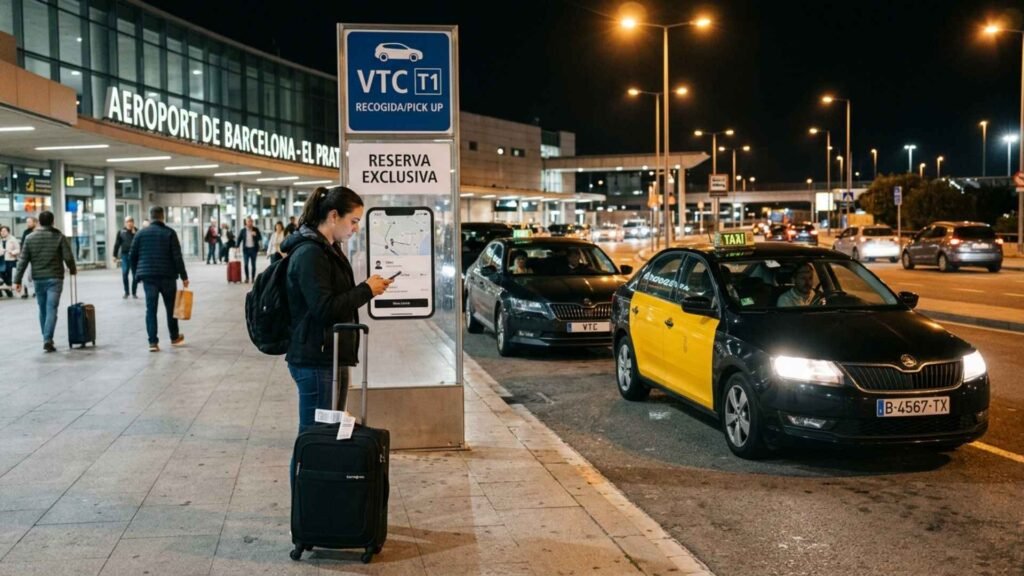 Traveler using a VTC pickup area during a Barcelona airport transfer at BCN Airport